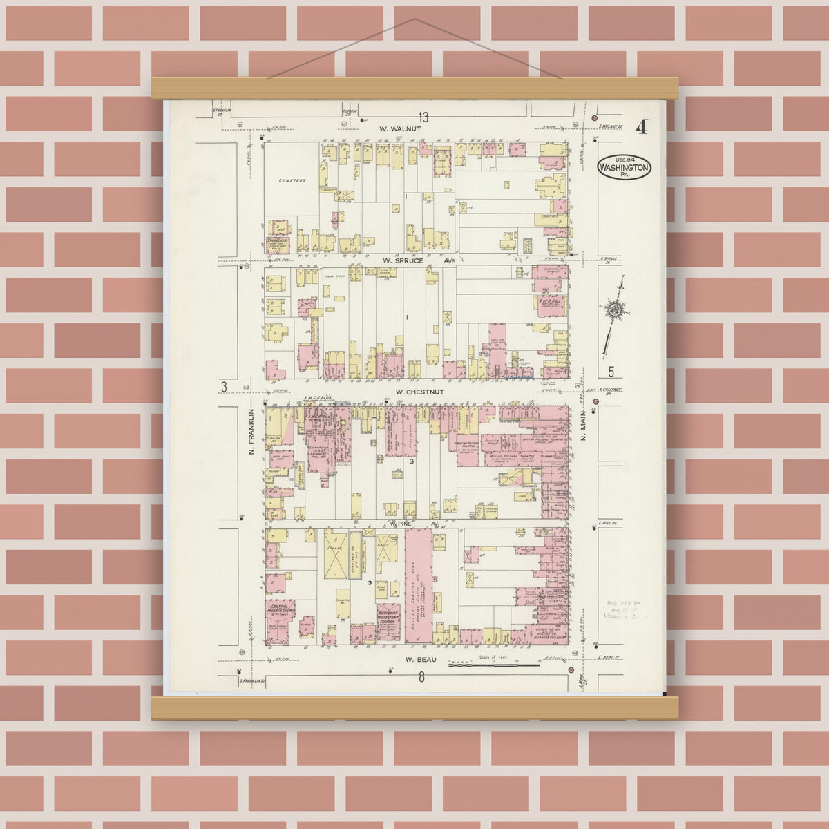 Old map wall art mockup — magnetic wood frame on brick wall — Sanborn Fire Insurance Map from Washington, Washington County, Pennsylvania (1914), Sheet #0004