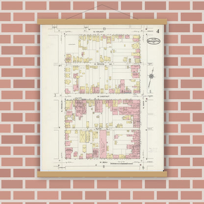Old map wall art mockup — magnetic wood frame on brick wall — Sanborn Fire Insurance Map from Washington, Washington County, Pennsylvania (1914), Sheet #0004