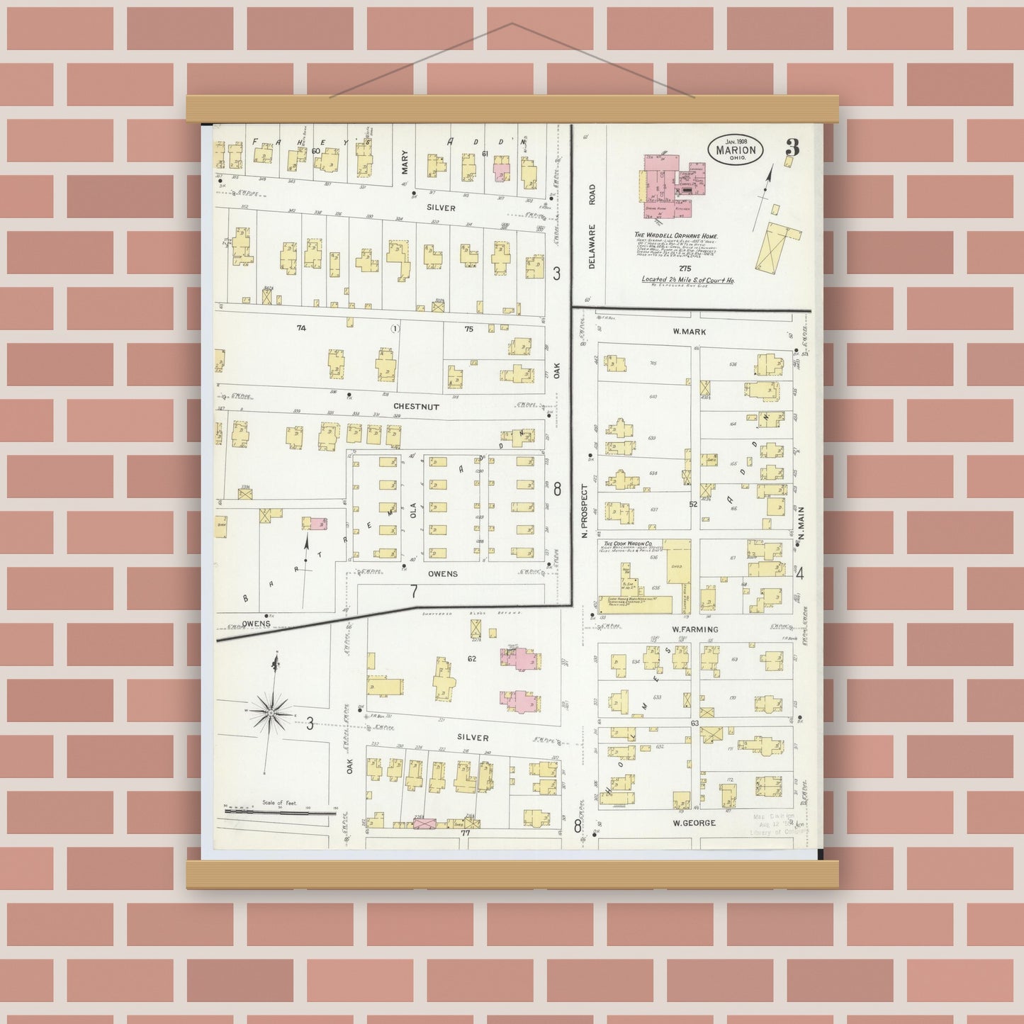 Old map wall art mockup — magnetic wood frame on brick wall — Sanborn Fire Insurance Map from Marion, Marion County, Ohio (1908), Sheet #0003