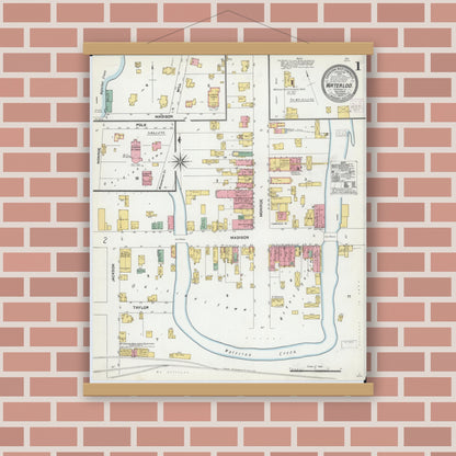 Old map wall art mockup — magnetic wood frame on brick wall — Sanborn Fire Insurance Map from Waterloo, Jefferson County, Wisconsin (1904) - Complete Map Set