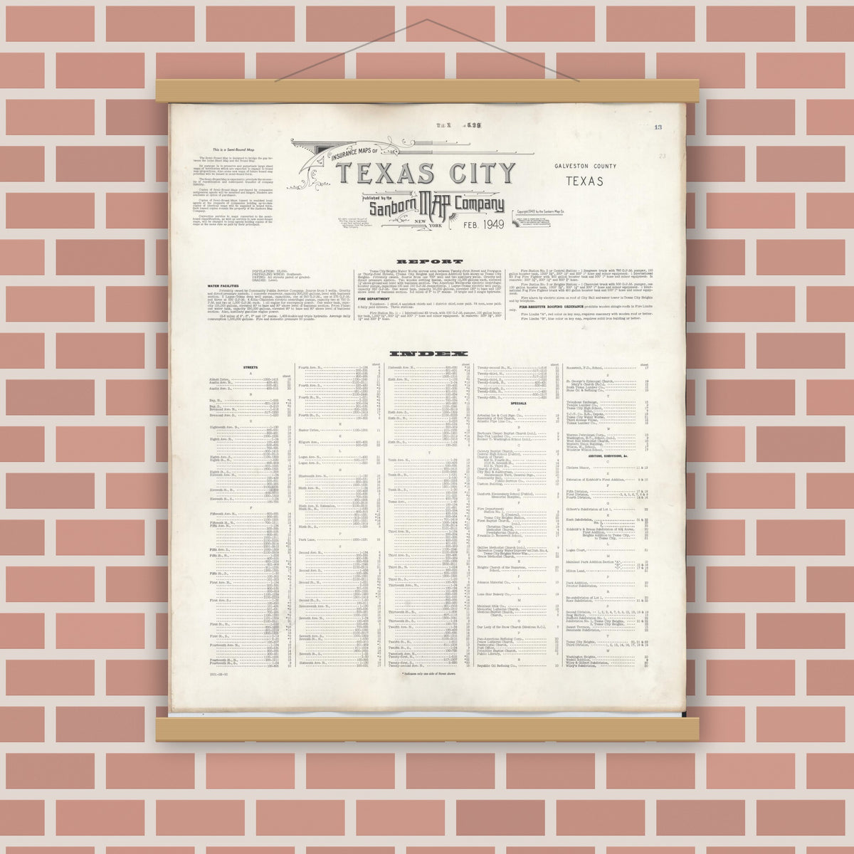 Old map wall art mockup — magnetic wood frame on brick wall — Sanborn Fire Insurance Map from Texas City, Galveston County, Texas (1950), Sheet #0001