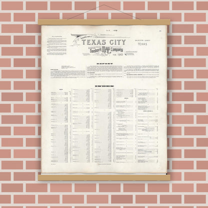 Old map wall art mockup — magnetic wood frame on brick wall — Sanborn Fire Insurance Map from Texas City, Galveston County, Texas (1950), Sheet #0001