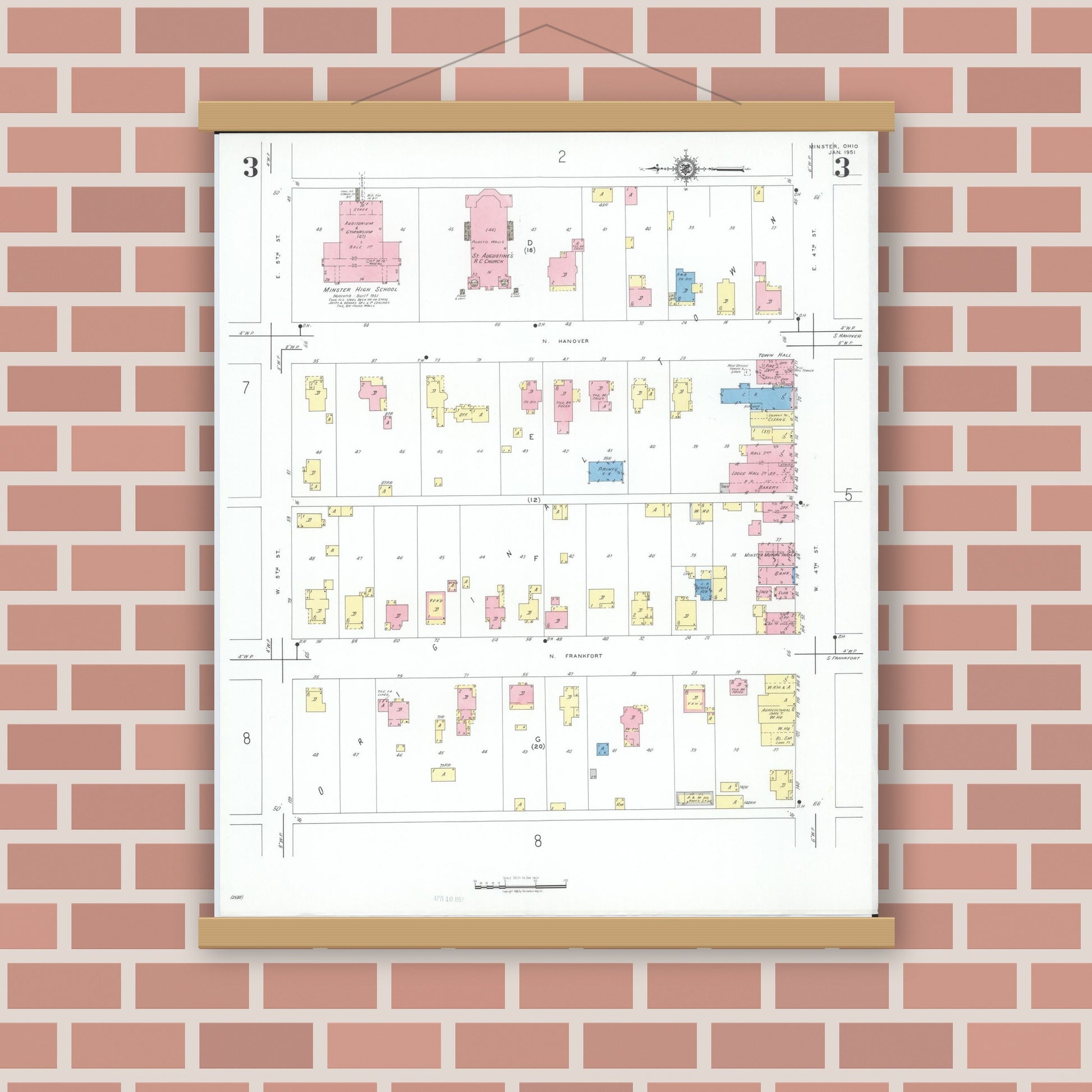 Old map wall art mockup — magnetic wood frame on brick wall — Sanborn Fire Insurance Map from Minster, Auglaize County, Ohio (1951), Sheet #0003