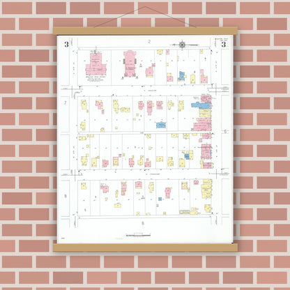 Old map wall art mockup — magnetic wood frame on brick wall — Sanborn Fire Insurance Map from Minster, Auglaize County, Ohio (1951), Sheet #0003