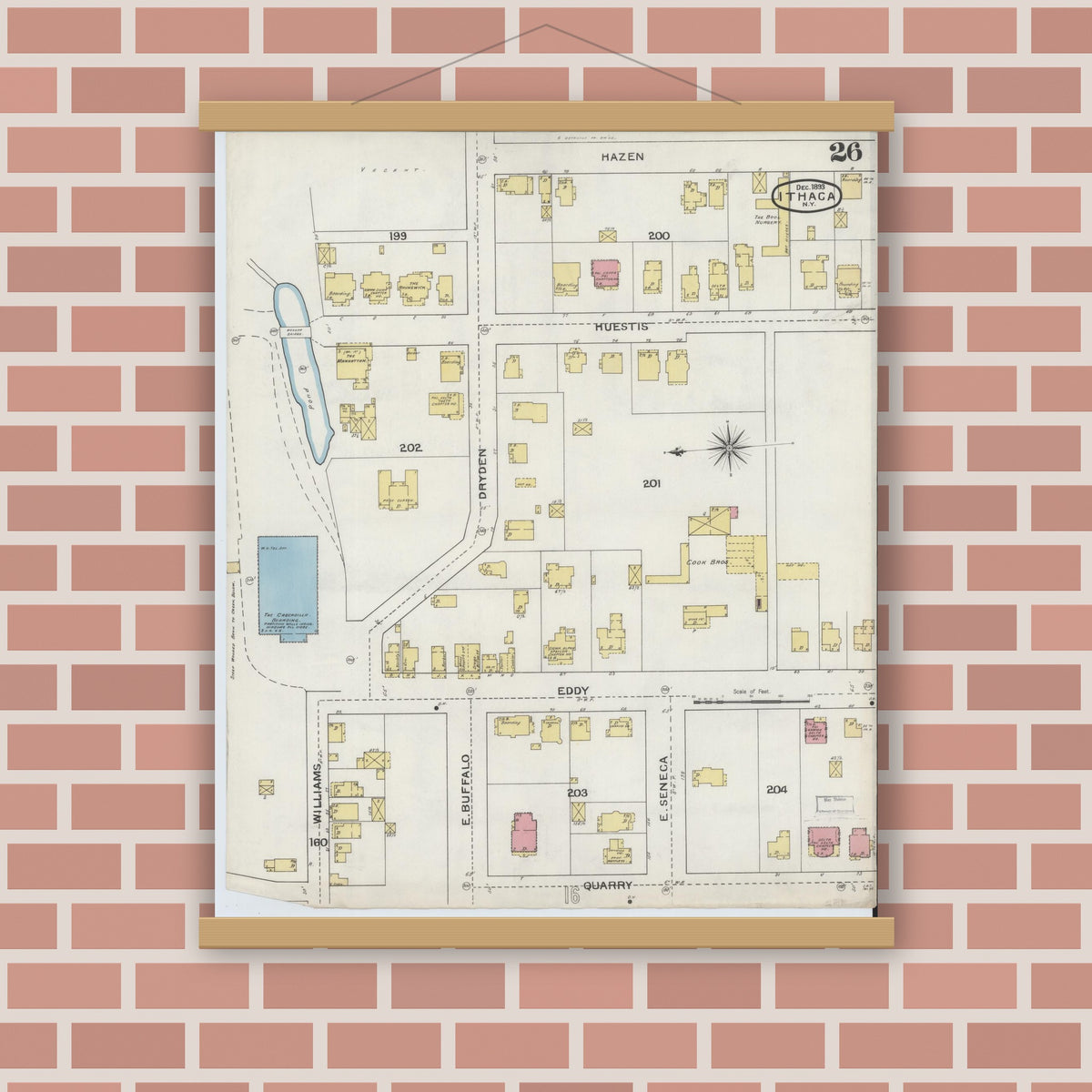 Old map wall art mockup — magnetic wood frame on brick wall — Sanborn Fire Insurance Map from Ithaca, Tompkins County, New York (1893), Sheet #0026