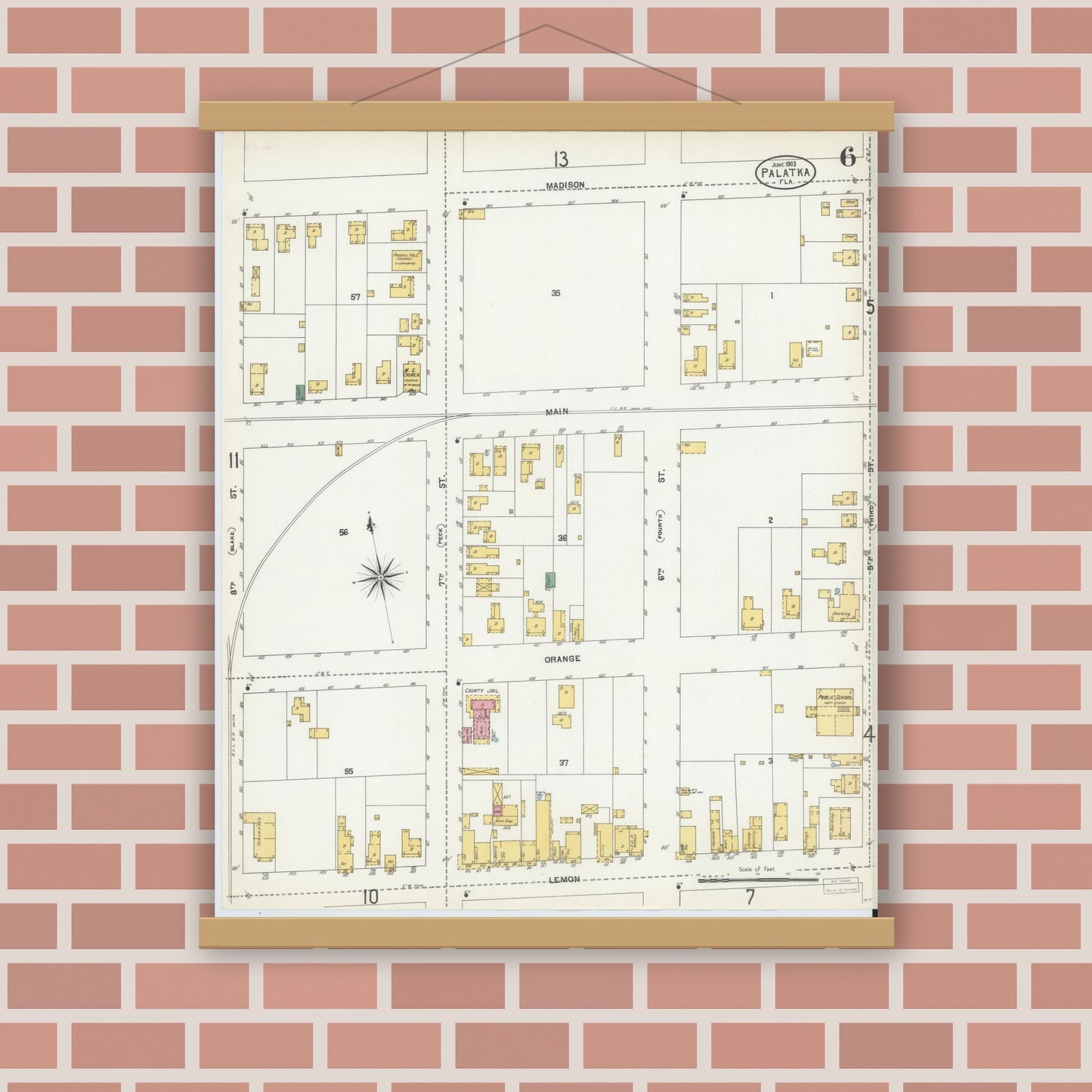 Old map wall art mockup — magnetic wood frame on brick wall — Sanborn Fire Insurance Map from Palatka, Putnam County, Florida (1903), Sheet #0006