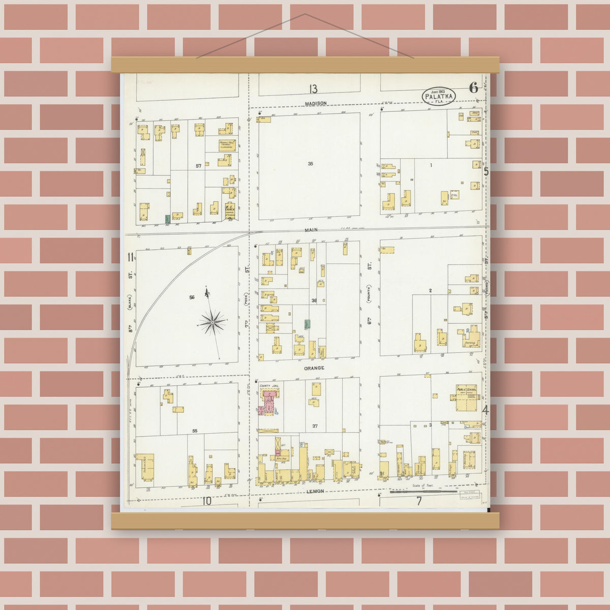 Old map wall art mockup — magnetic wood frame on brick wall — Sanborn Fire Insurance Map from Palatka, Putnam County, Florida (1903), Sheet #0006