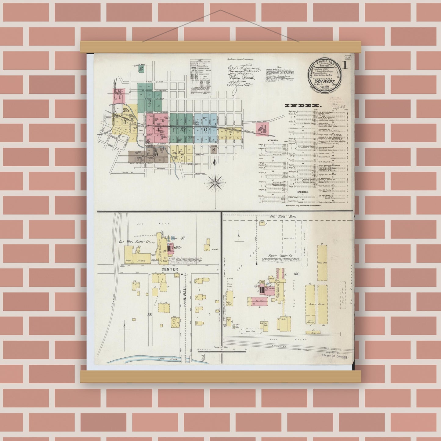 Old map wall art mockup — magnetic wood frame on brick wall — Sanborn Fire Insurance Map from Van Wert, Van Wert County, Ohio (1895) - Complete Map Set