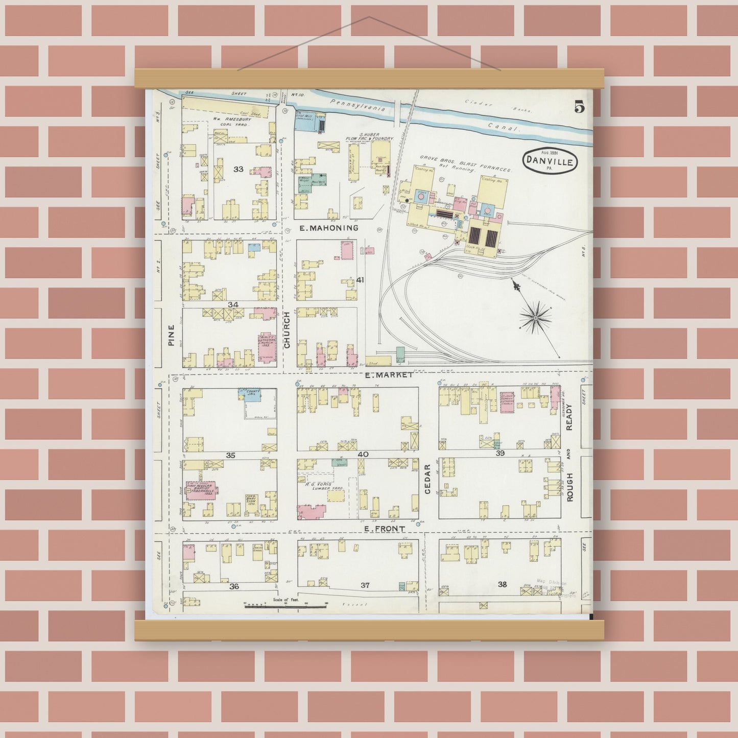 Old map wall art mockup — magnetic wood frame on brick wall — Sanborn Fire Insurance Map from Danville, Montour County, Pennsylvania (1891), Sheet #0005