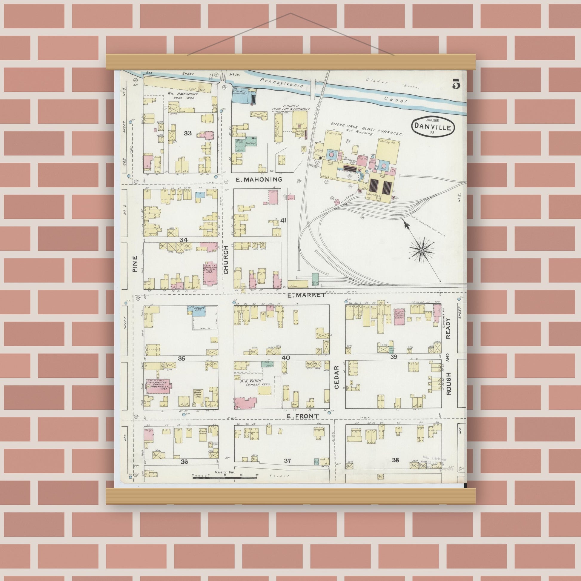Old map wall art mockup — magnetic wood frame on brick wall — Sanborn Fire Insurance Map from Danville, Montour County, Pennsylvania (1891), Sheet #0005
