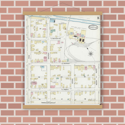 Old map wall art mockup — magnetic wood frame on brick wall — Sanborn Fire Insurance Map from Danville, Montour County, Pennsylvania (1891), Sheet #0005