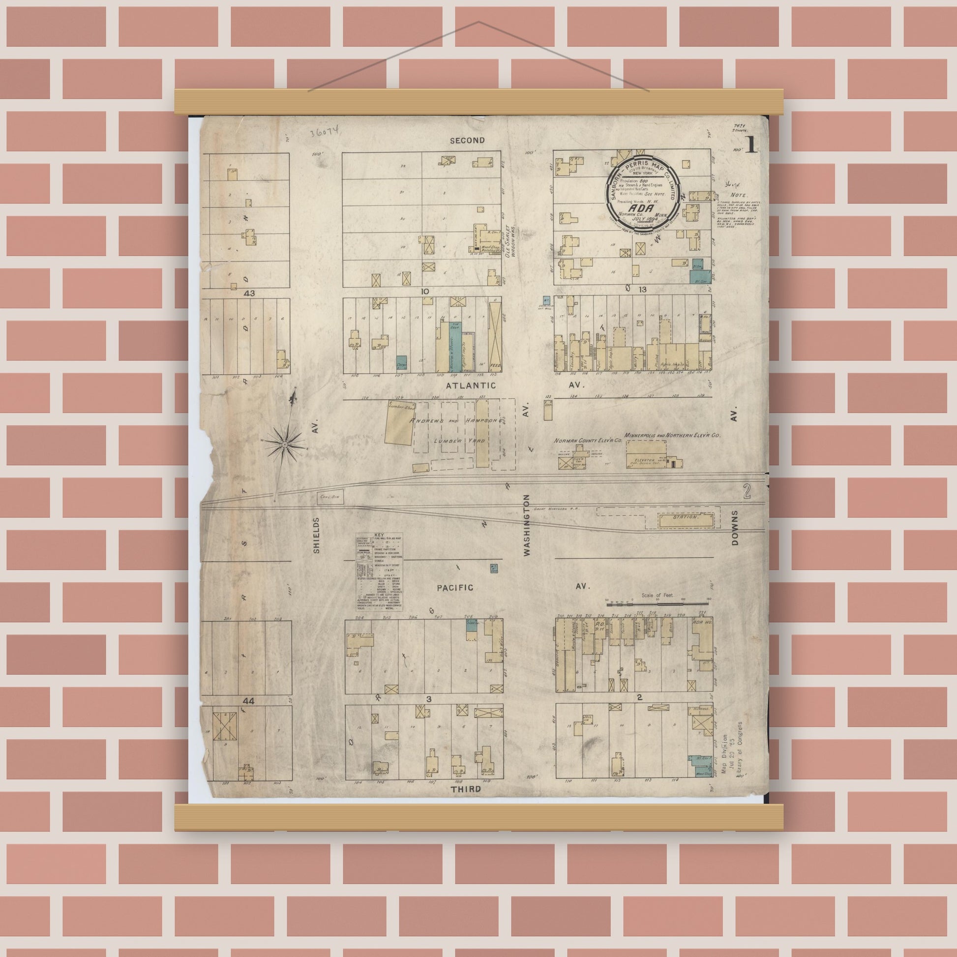 Old map wall art mockup — magnetic wood frame on brick wall — Sanborn Fire Insurance Map from Ada, Norman County, Minnesota (1894), Sheet #0001