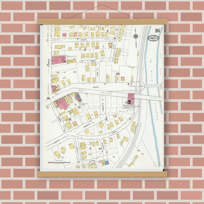 Old map wall art mockup — magnetic wood frame on brick wall — Sanborn Fire Insurance Map from Conneaut, Ashtabula County, Ohio (1919), Sheet #0016