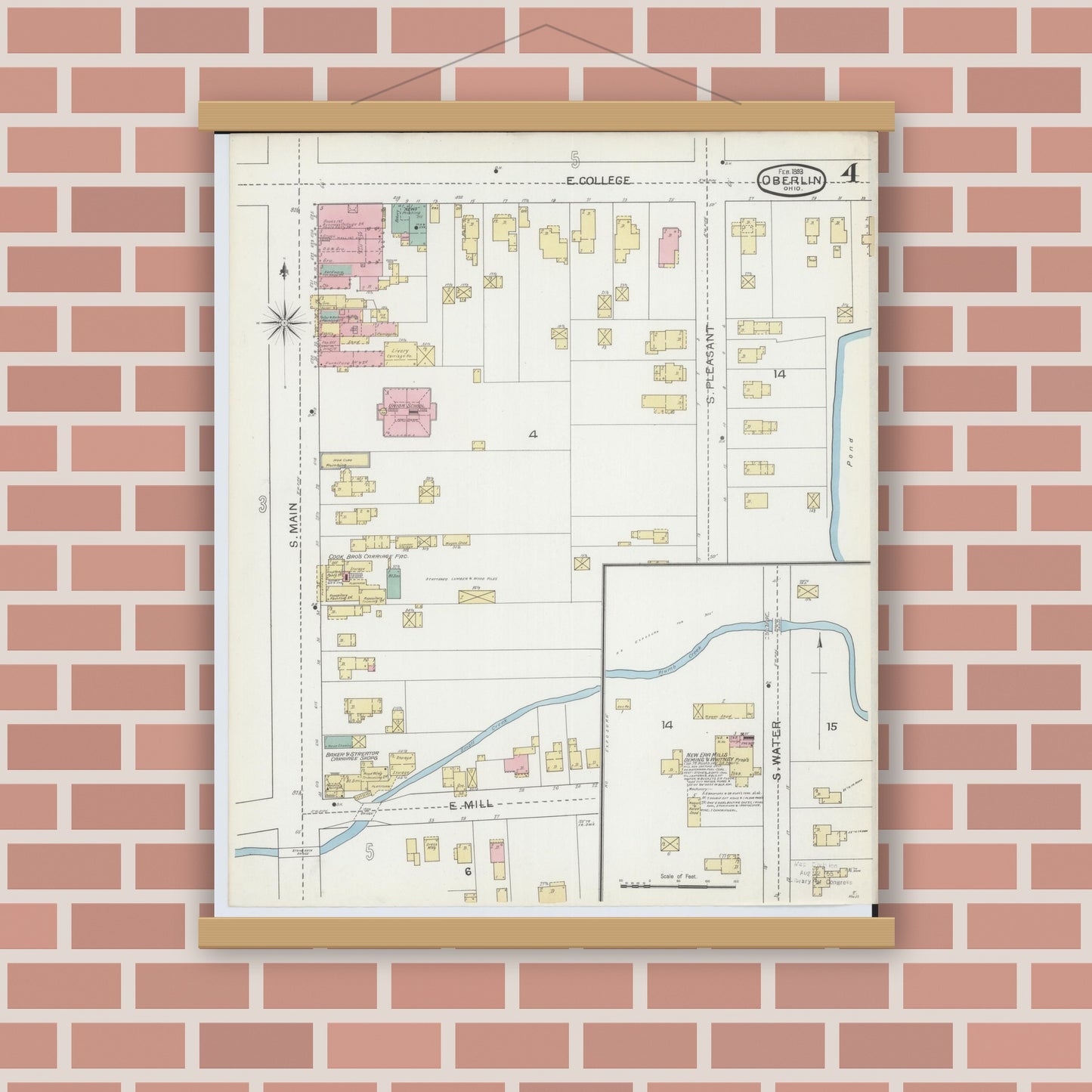 Old map wall art mockup — magnetic wood frame on brick wall — Sanborn Fire Insurance Map from Oberlin, Lorain County, Ohio (1893), Sheet #0004