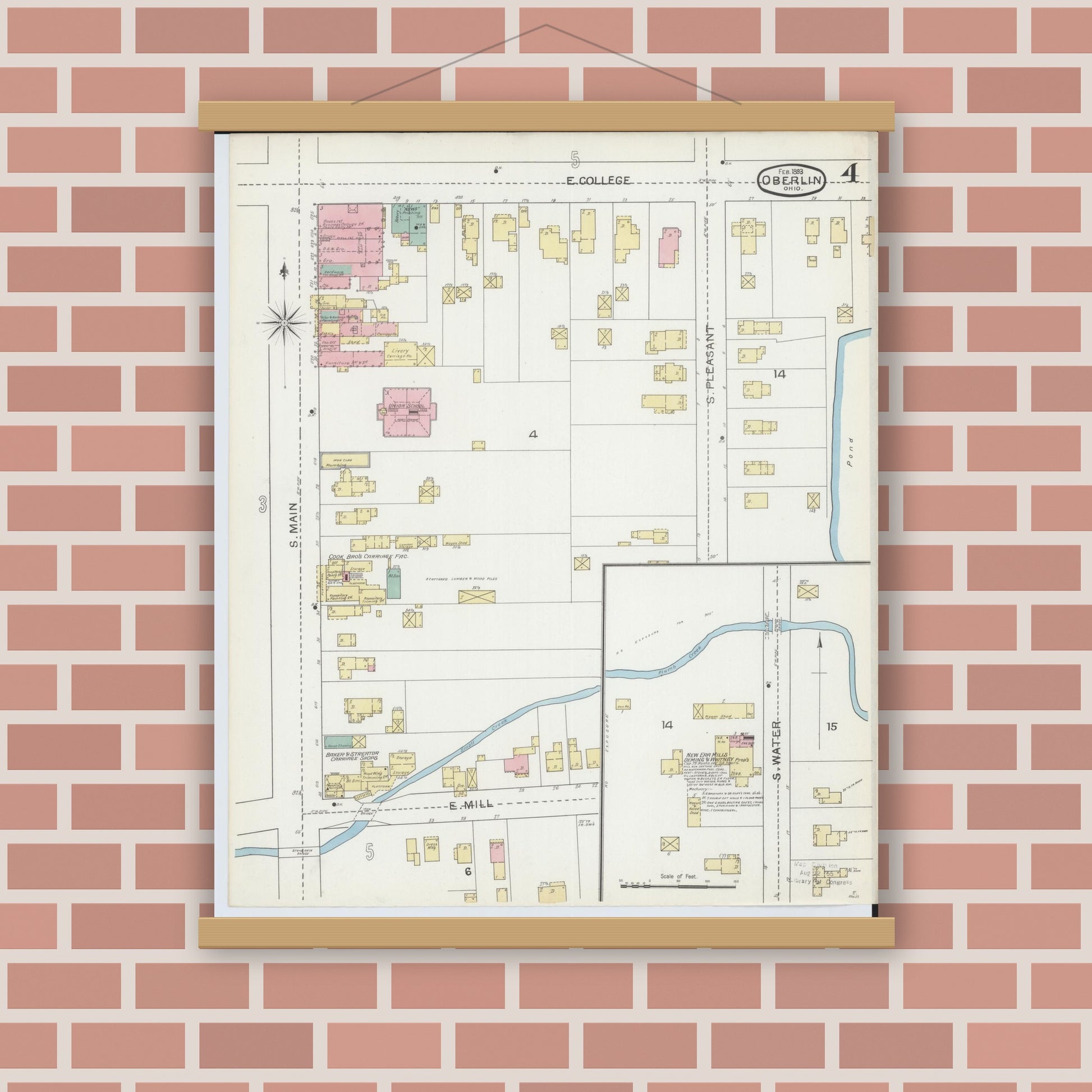 Old map wall art mockup — magnetic wood frame on brick wall — Sanborn Fire Insurance Map from Oberlin, Lorain County, Ohio (1893), Sheet #0004