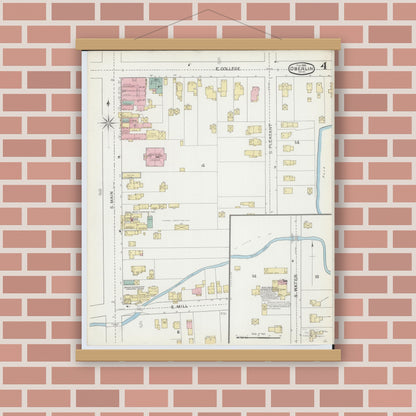 Old map wall art mockup — magnetic wood frame on brick wall — Sanborn Fire Insurance Map from Oberlin, Lorain County, Ohio (1893), Sheet #0004