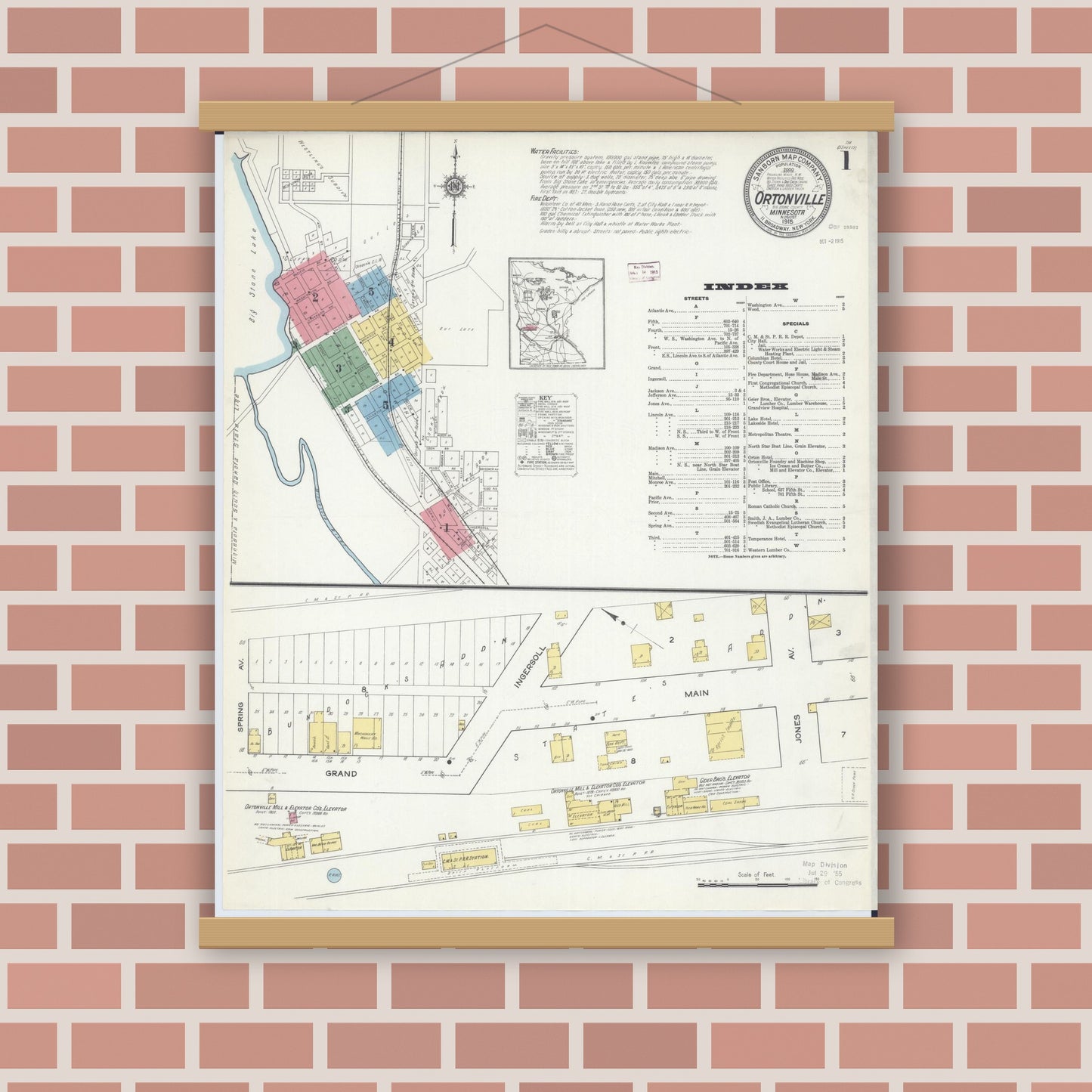 Old map wall art mockup — magnetic wood frame on brick wall — Sanborn Fire Insurance Map from Ortonville, Big Stone County, Minnesota (1915), Sheet #0001