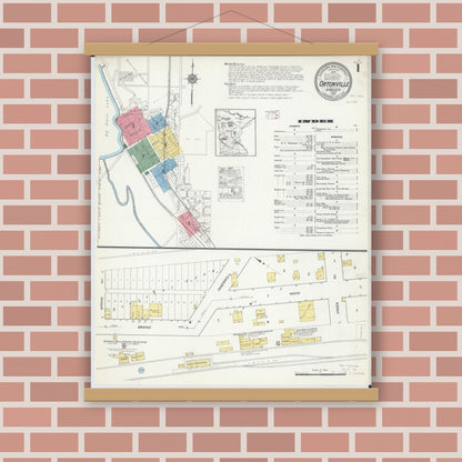 Old map wall art mockup — magnetic wood frame on brick wall — Sanborn Fire Insurance Map from Ortonville, Big Stone County, Minnesota (1915), Sheet #0001