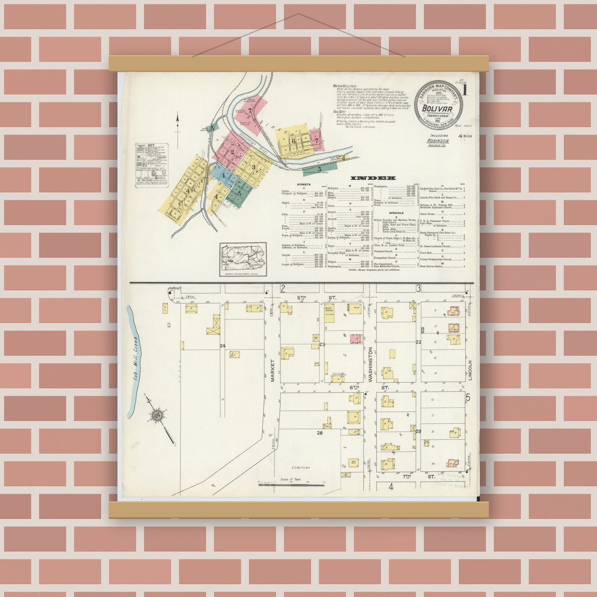 Old map wall art mockup — magnetic wood frame on brick wall — Sanborn Fire Insurance Map from Bolivar, Westmoreland County, Pennsylvania (1915) - Complete Map Set