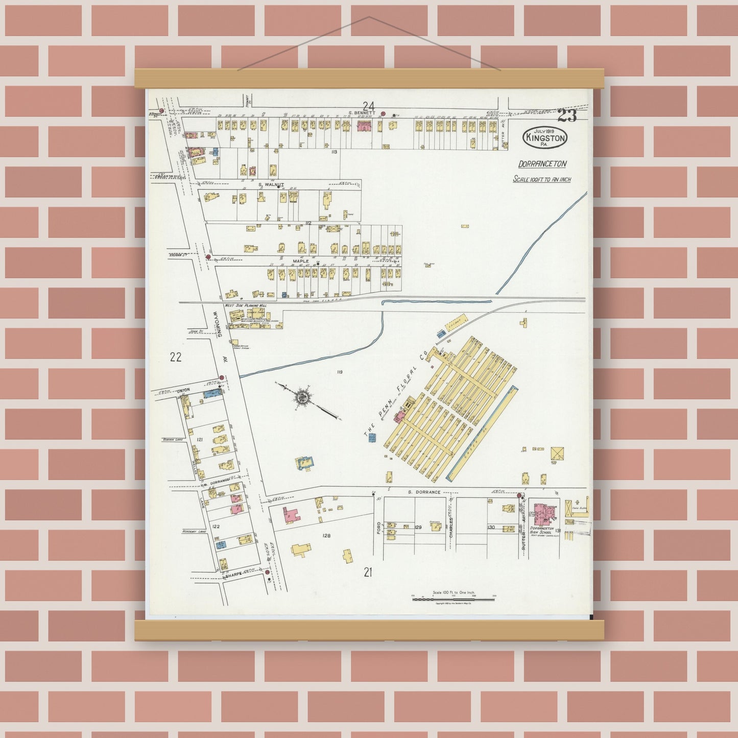 Old map wall art mockup — magnetic wood frame on brick wall — Sanborn Fire Insurance Map from Kingston, Luzerne County, Pennsylvania (1919), Sheet #0023