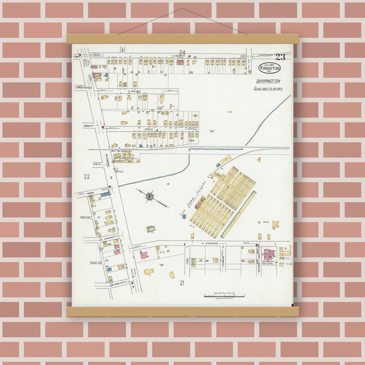 Old map wall art mockup — magnetic wood frame on brick wall — Sanborn Fire Insurance Map from Kingston, Luzerne County, Pennsylvania (1919), Sheet #0023