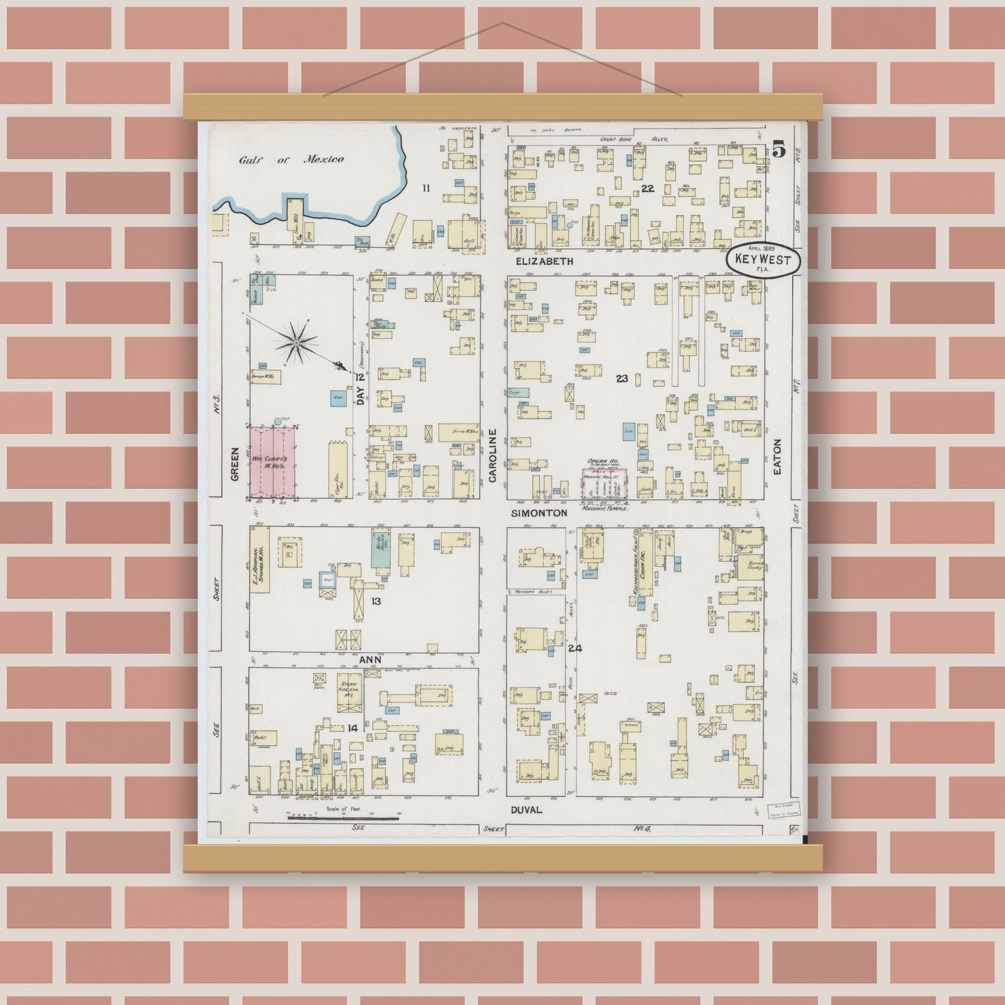 Old map wall art mockup — magnetic wood frame on brick wall — Sanborn Fire Insurance Map from Key West, Monroe County, Florida (1889), Sheet #0005