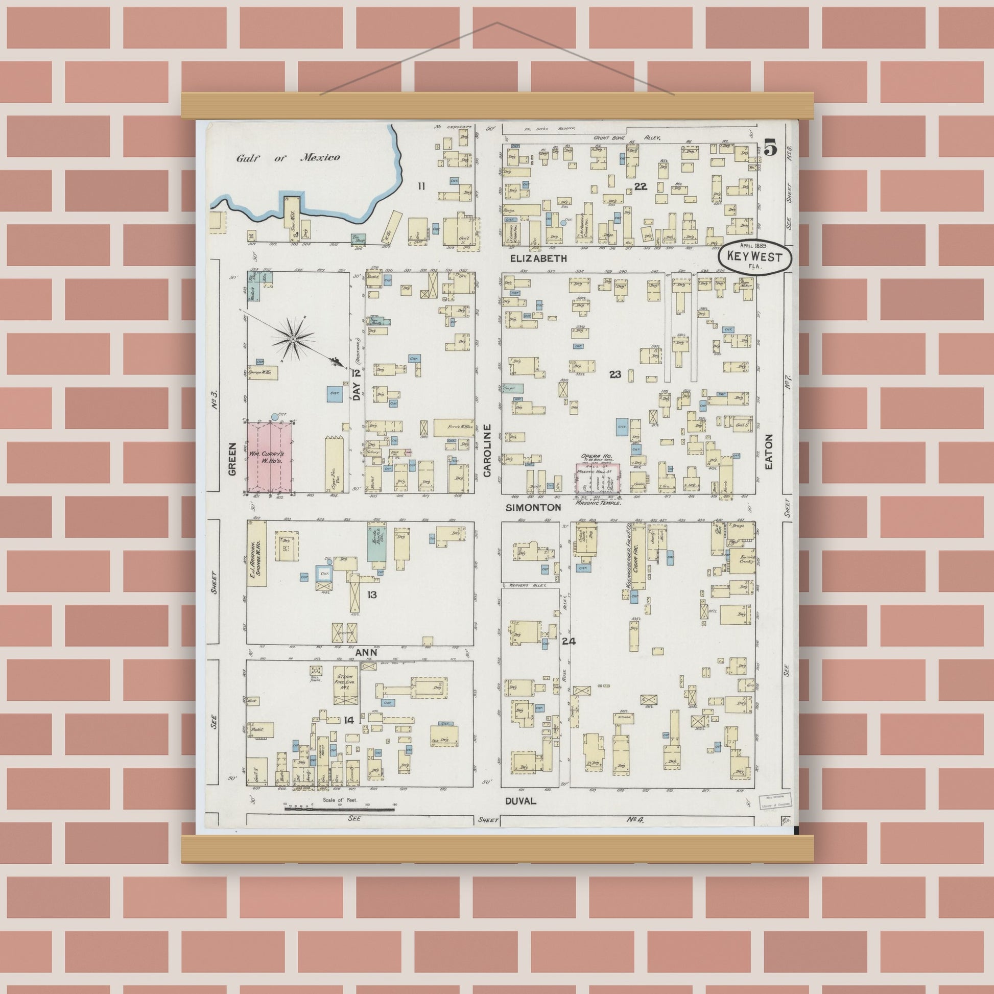 Old map wall art mockup — magnetic wood frame on brick wall — Sanborn Fire Insurance Map from Key West, Monroe County, Florida (1889), Sheet #0005