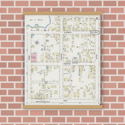 Old map wall art mockup — magnetic wood frame on brick wall — Sanborn Fire Insurance Map from Key West, Monroe County, Florida (1889), Sheet #0005
