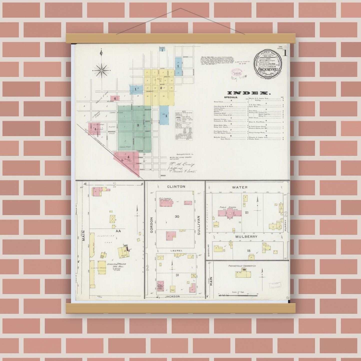 Old map wall art mockup — magnetic wood frame on brick wall — Sanborn Fire Insurance Map from Pinckneyville, Perry County, Illinois (1894) - Complete Map Set