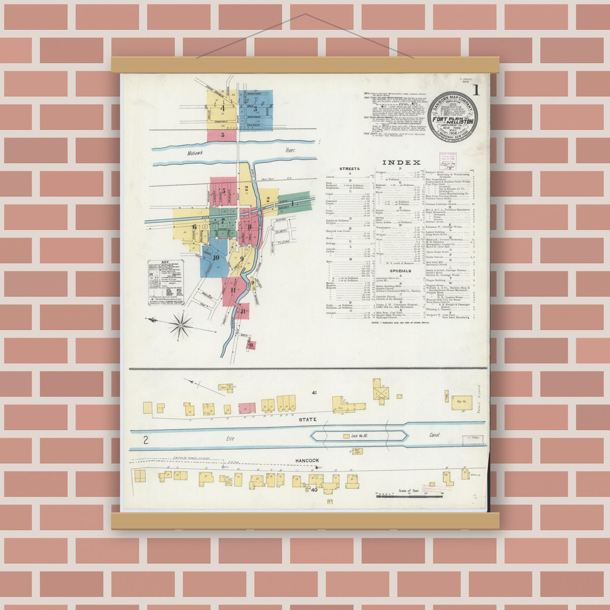 Old map wall art mockup — magnetic wood frame on brick wall — Sanborn Fire Insurance Map from Fort Plain, Montgomery County, New York (1906) - Complete Map Set