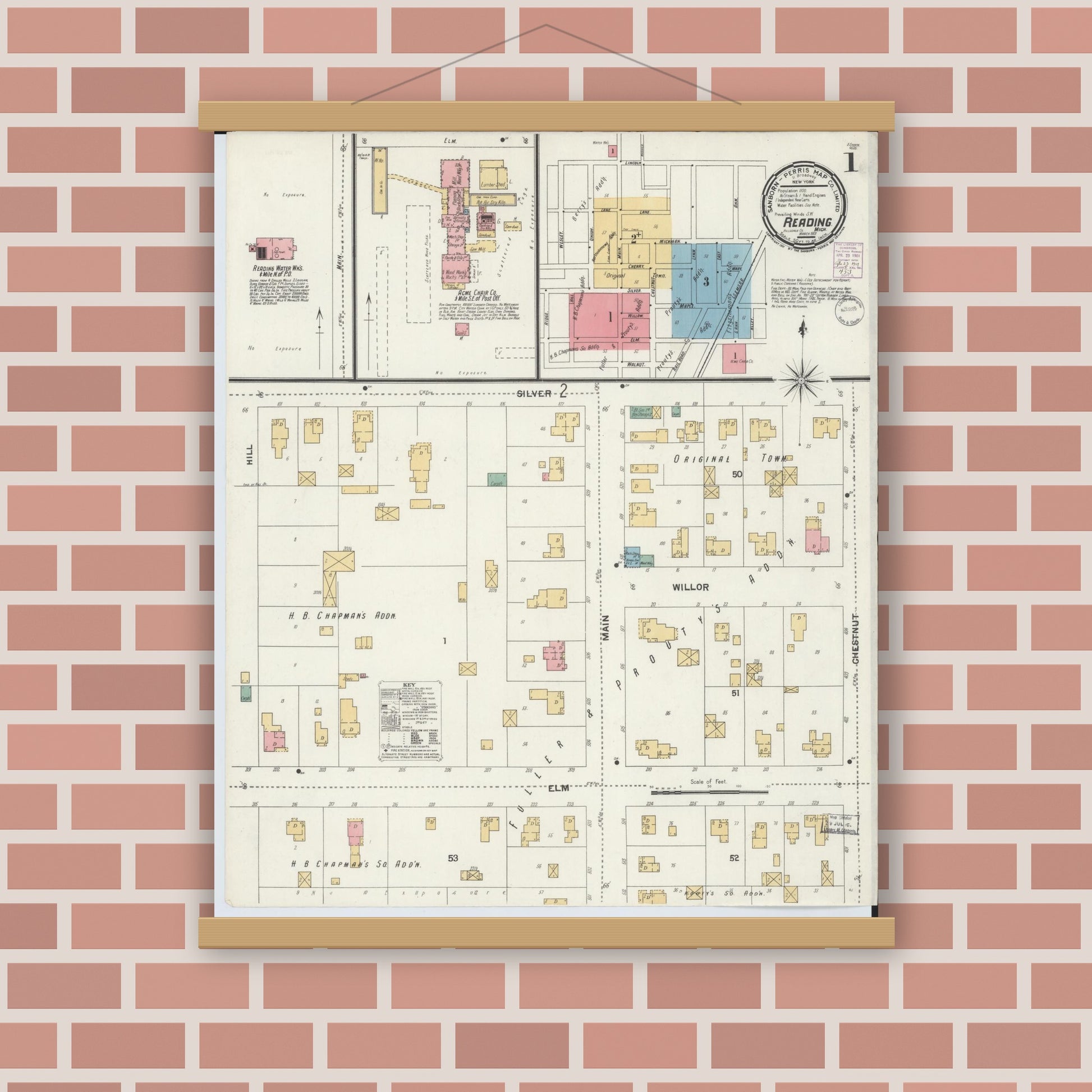 Old map wall art mockup — magnetic wood frame on brick wall — Sanborn Fire Insurance Map from Reading, Hillsdale County, Michigan (1901) - Complete Map Set
