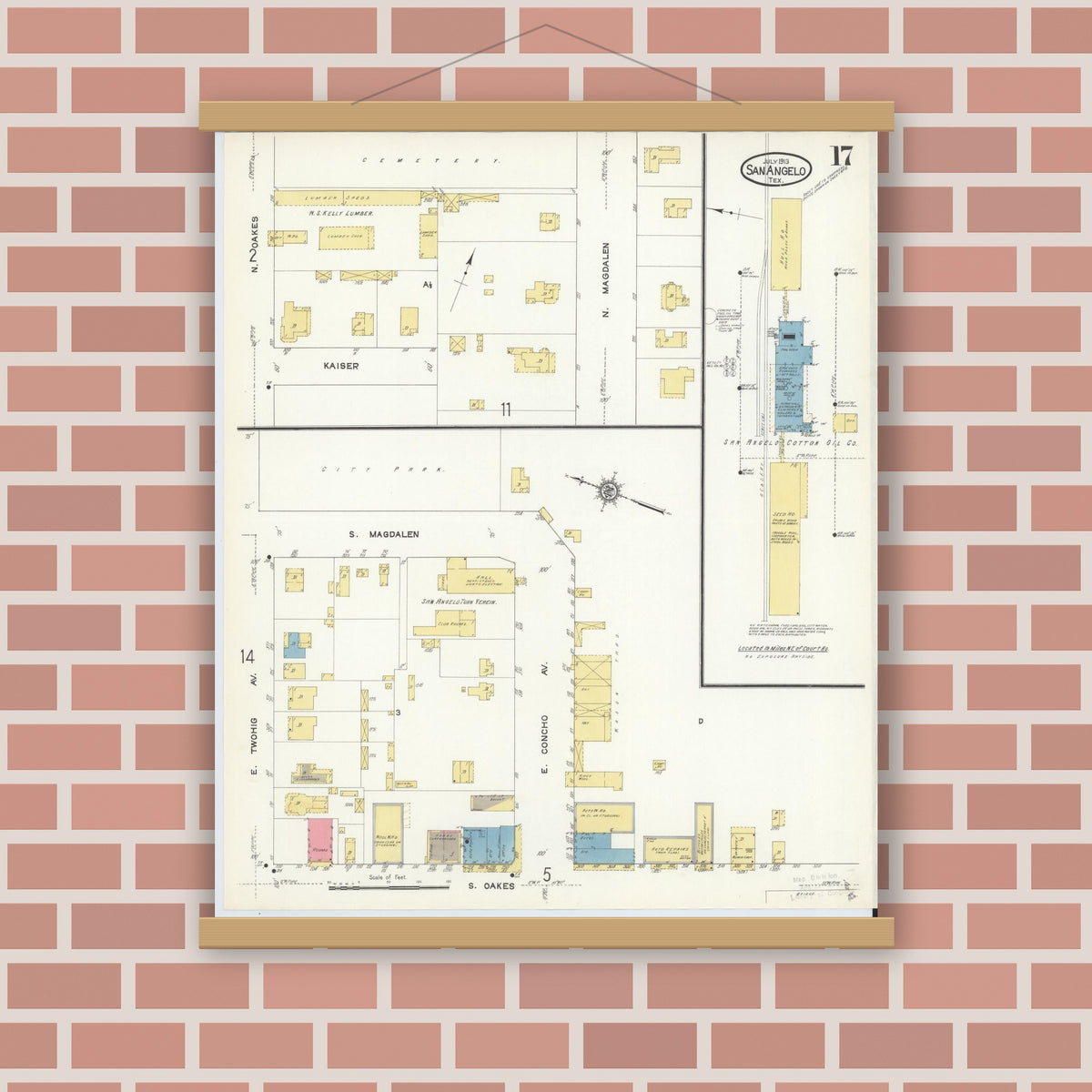 Old map wall art mockup — magnetic wood frame on brick wall — Sanborn Fire Insurance Map from San Angelo, Tom Green County, Texas (1913), Sheet #0017