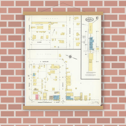 Old map wall art mockup — magnetic wood frame on brick wall — Sanborn Fire Insurance Map from San Angelo, Tom Green County, Texas (1913), Sheet #0017