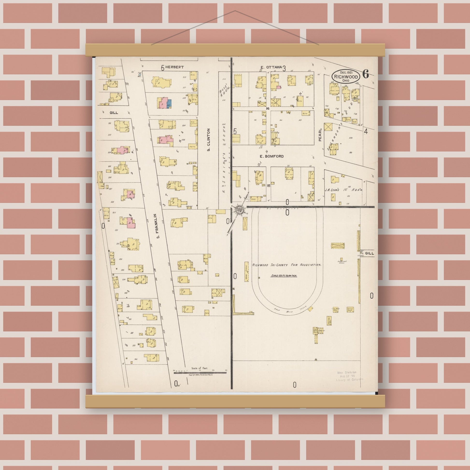 Old map wall art mockup — magnetic wood frame on brick wall — Sanborn Fire Insurance Map from Richwood, Union County, Ohio (1921), Sheet #0006
