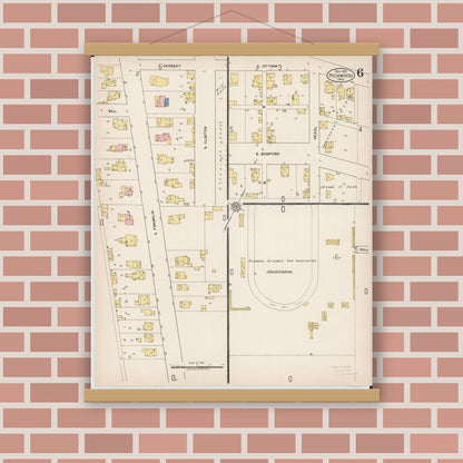 Old map wall art mockup — magnetic wood frame on brick wall — Sanborn Fire Insurance Map from Richwood, Union County, Ohio (1921), Sheet #0006
