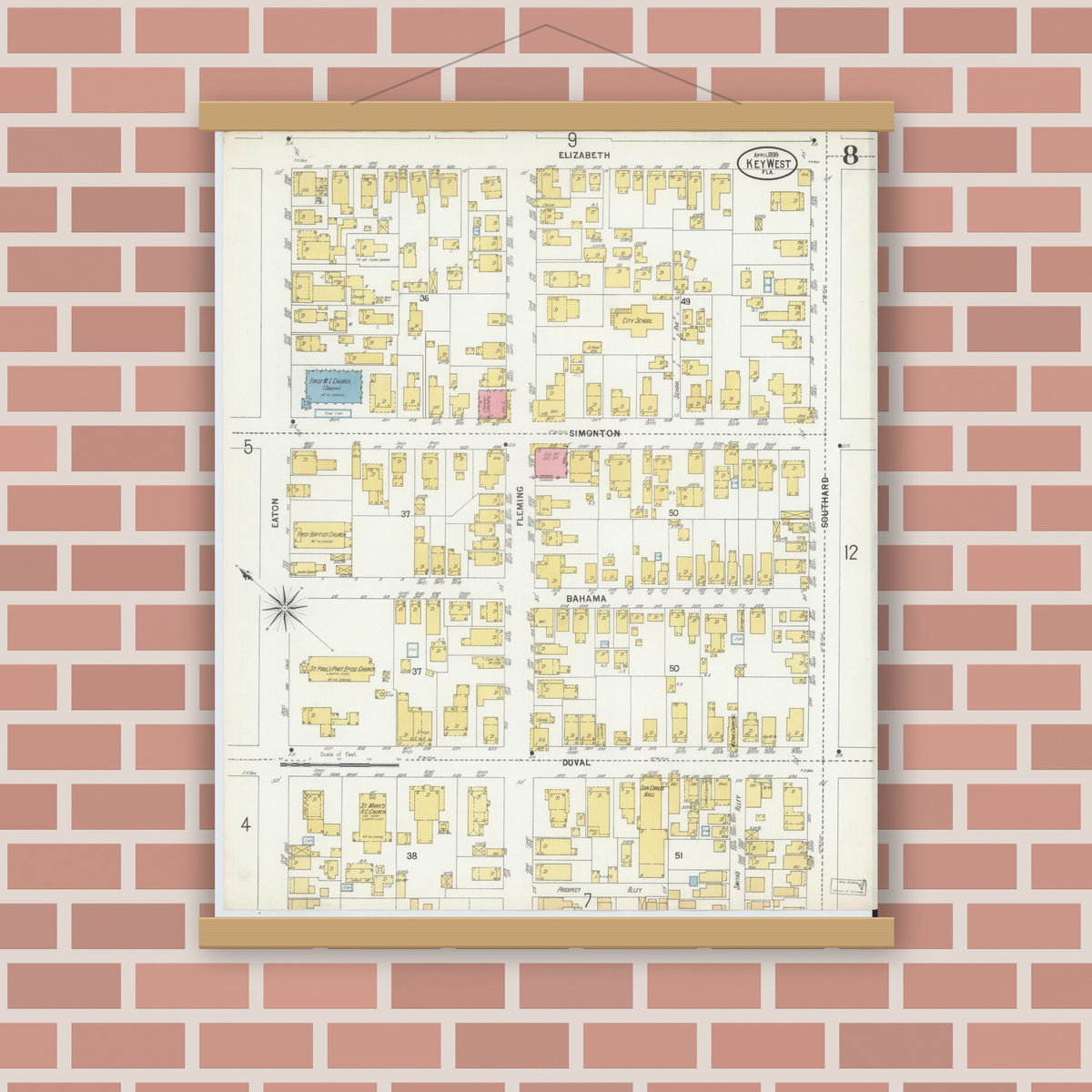 Old map wall art mockup — magnetic wood frame on brick wall — Sanborn Fire Insurance Map from Key West, Monroe County, Florida (1899), Sheet #0008