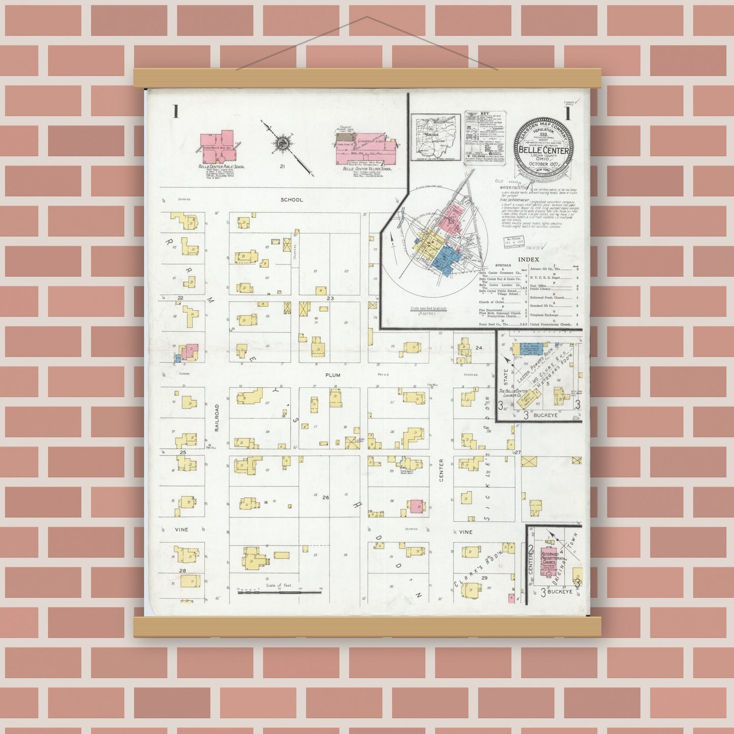 Old map wall art mockup — magnetic wood frame on brick wall — Sanborn Fire Insurance Map from Belle Centre, Logan County, Ohio (1927), Sheet #0001