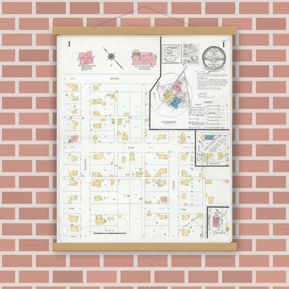 Old map wall art mockup — magnetic wood frame on brick wall — Sanborn Fire Insurance Map from Belle Centre, Logan County, Ohio (1927), Sheet #0001