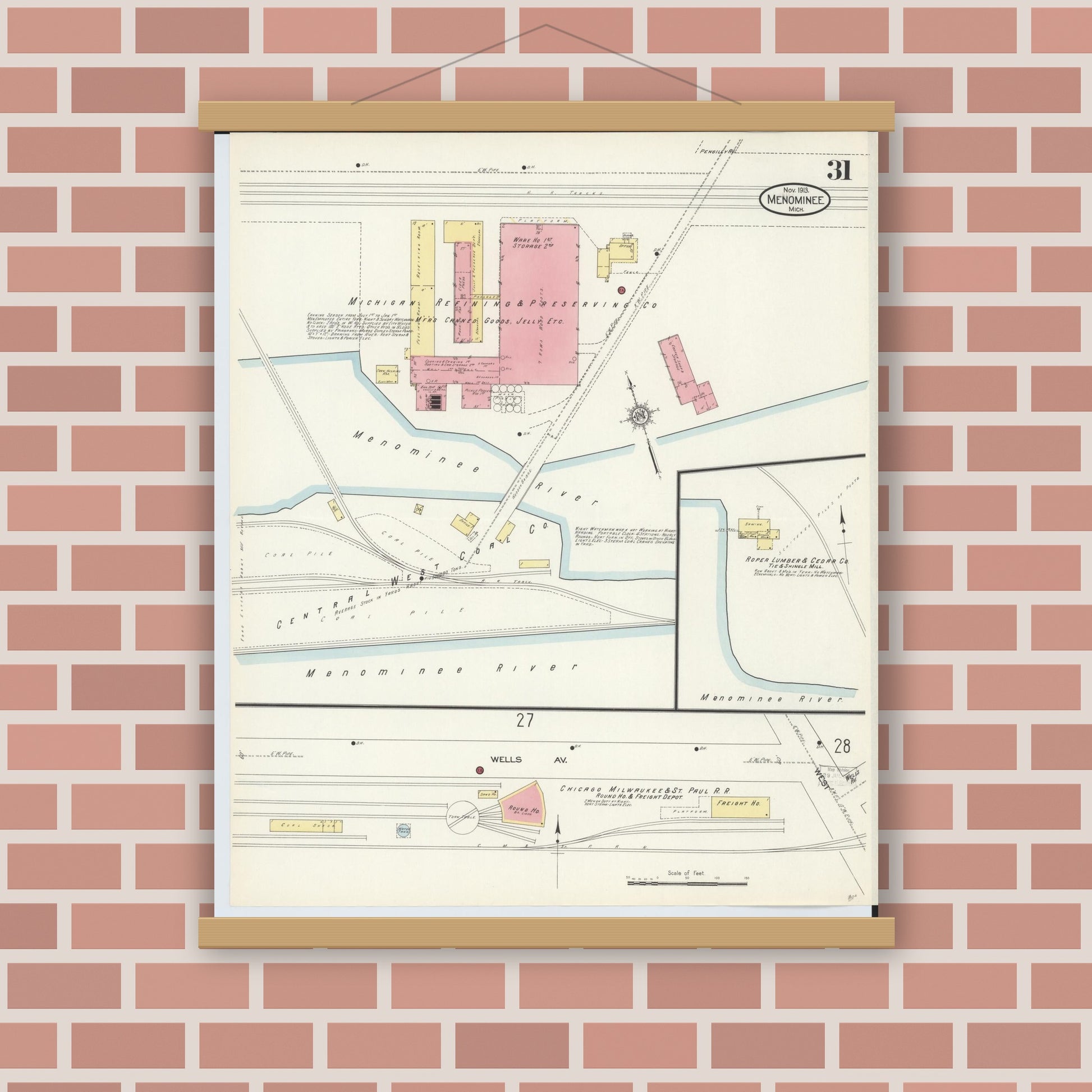 Old map wall art mockup — magnetic wood frame on brick wall — Sanborn Fire Insurance Map from Menominee, Menominee County, Michigan (1913), Sheet #0031