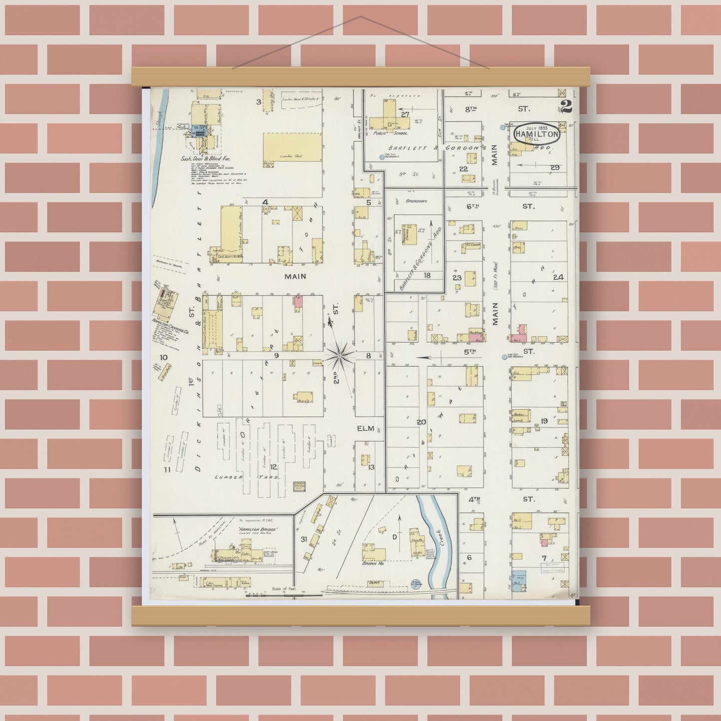 Old map wall art mockup — magnetic wood frame on brick wall — Sanborn Fire Insurance Map from Hamilton, Hancock County, Illinois (1893), Sheet #0002