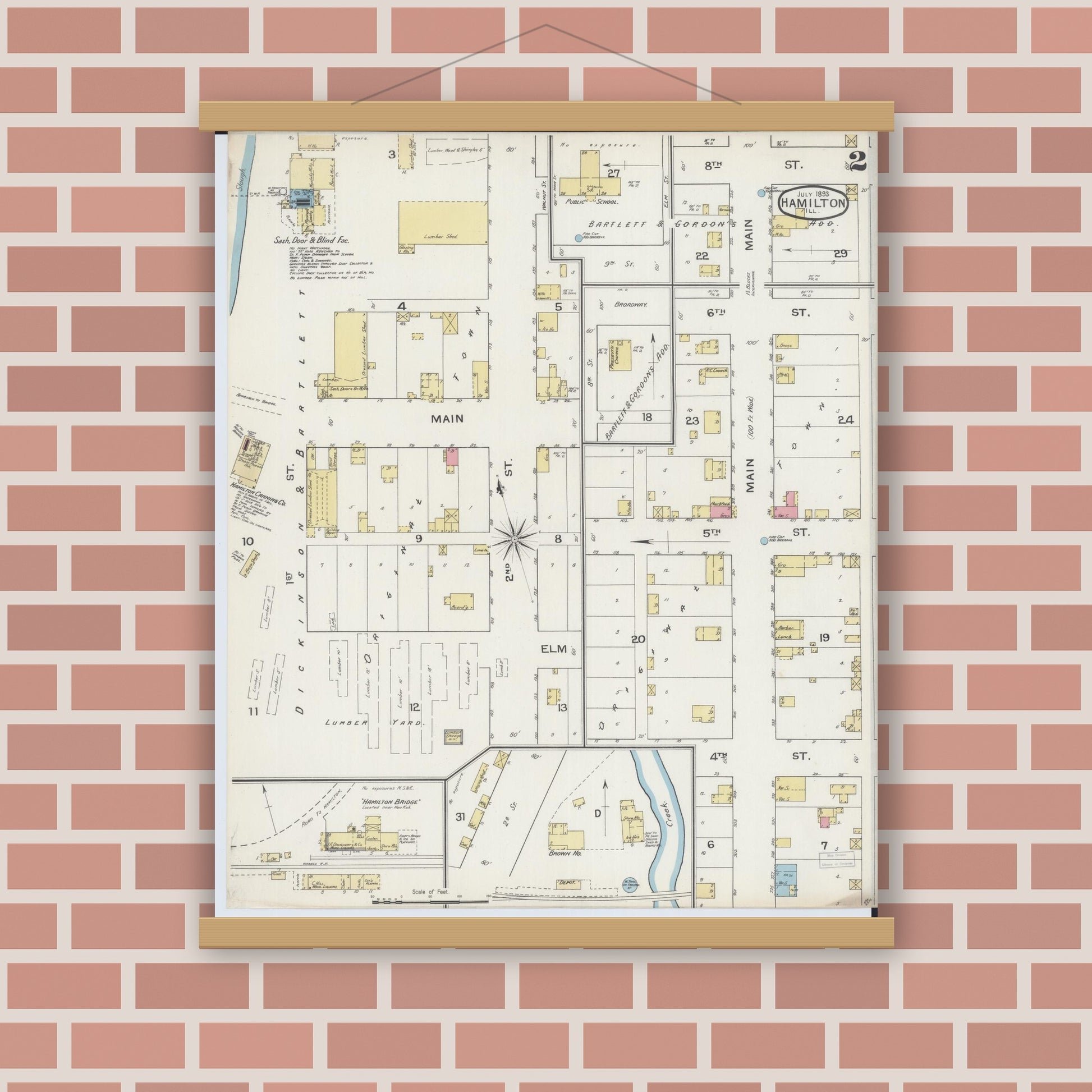 Old map wall art mockup — magnetic wood frame on brick wall — Sanborn Fire Insurance Map from Hamilton, Hancock County, Illinois (1893), Sheet #0002