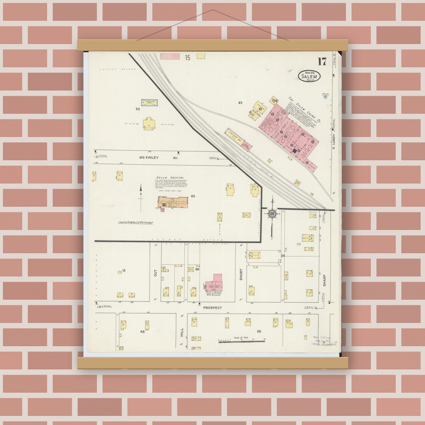 Old map wall art mockup — magnetic wood frame on brick wall — Sanborn Fire Insurance Map from Salem, Columbiana County, Ohio (1915), Sheet #0017