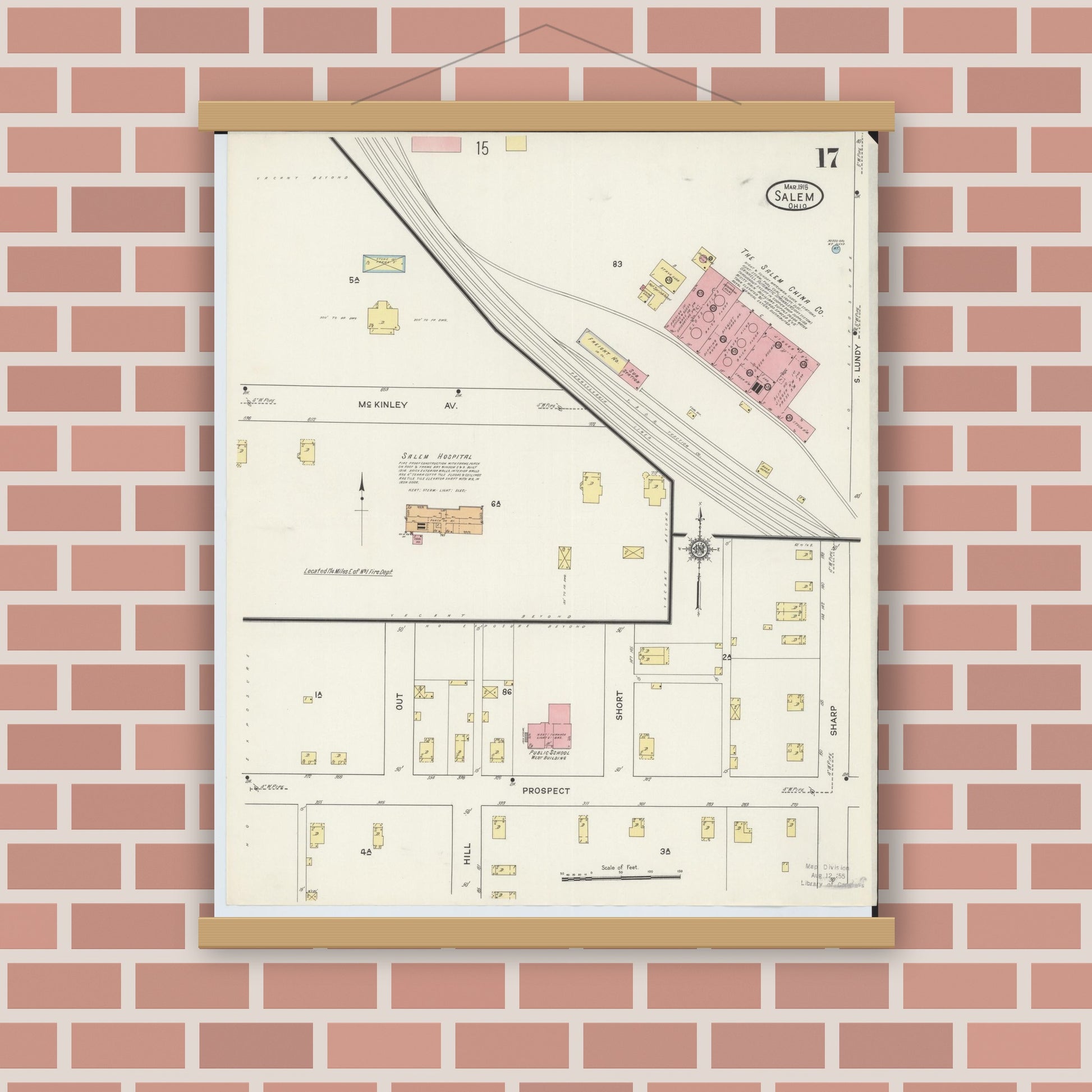 Old map wall art mockup — magnetic wood frame on brick wall — Sanborn Fire Insurance Map from Salem, Columbiana County, Ohio (1915), Sheet #0017