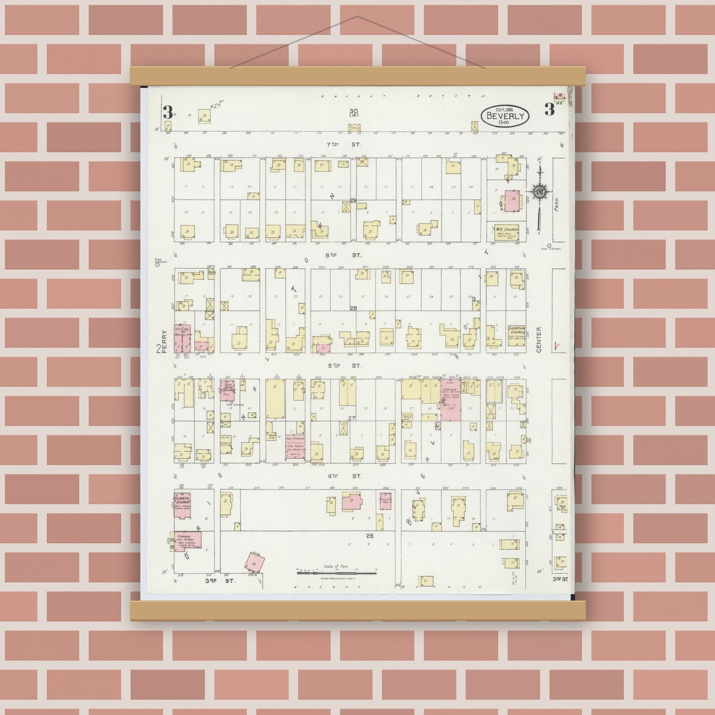 Old map wall art mockup — magnetic wood frame on brick wall — Sanborn Fire Insurance Map from Beverly, Washington County, Ohio (1924), Sheet #0003