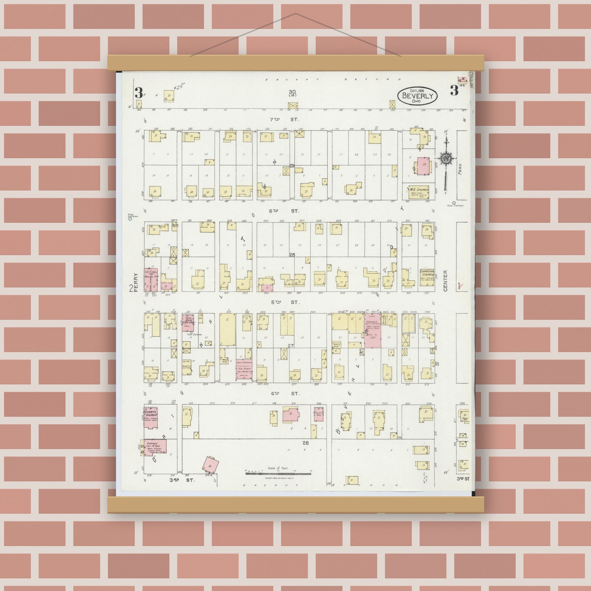 Old map wall art mockup — magnetic wood frame on brick wall — Sanborn Fire Insurance Map from Beverly, Washington County, Ohio (1924), Sheet #0003