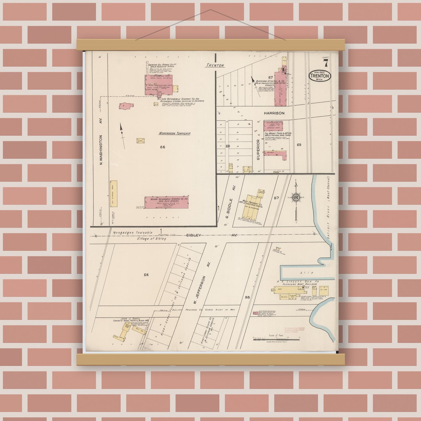 Old map wall art mockup — magnetic wood frame on brick wall — Sanborn Fire Insurance Map from Trenton, Wayne County, Michigan (1922), Sheet #0007