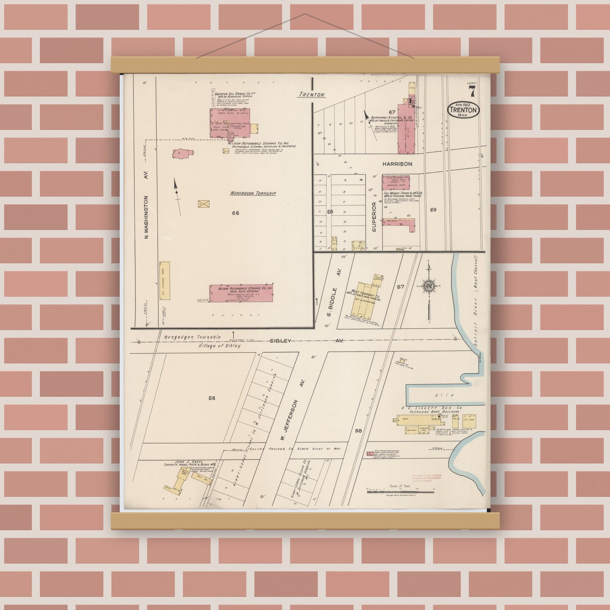 Old map wall art mockup — magnetic wood frame on brick wall — Sanborn Fire Insurance Map from Trenton, Wayne County, Michigan (1922), Sheet #0007