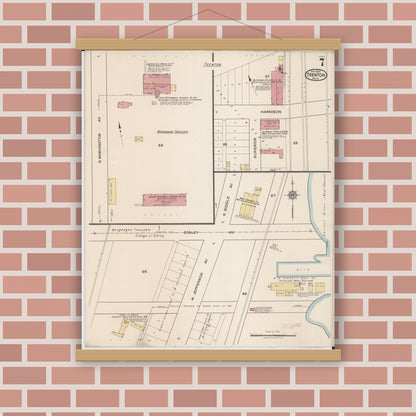 Old map wall art mockup — magnetic wood frame on brick wall — Sanborn Fire Insurance Map from Trenton, Wayne County, Michigan (1922), Sheet #0007