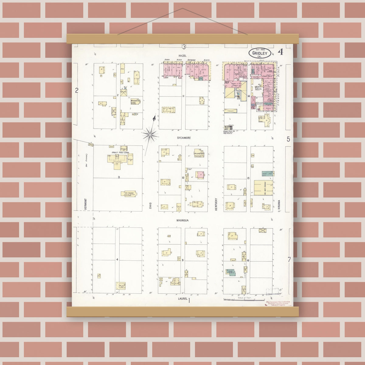 Old map wall art mockup — magnetic wood frame on brick wall — Sanborn Fire Insurance Map from Gridley, Butte County, California (1902), Sheet #0004