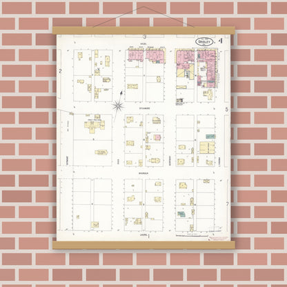 Old map wall art mockup — magnetic wood frame on brick wall — Sanborn Fire Insurance Map from Gridley, Butte County, California (1902), Sheet #0004